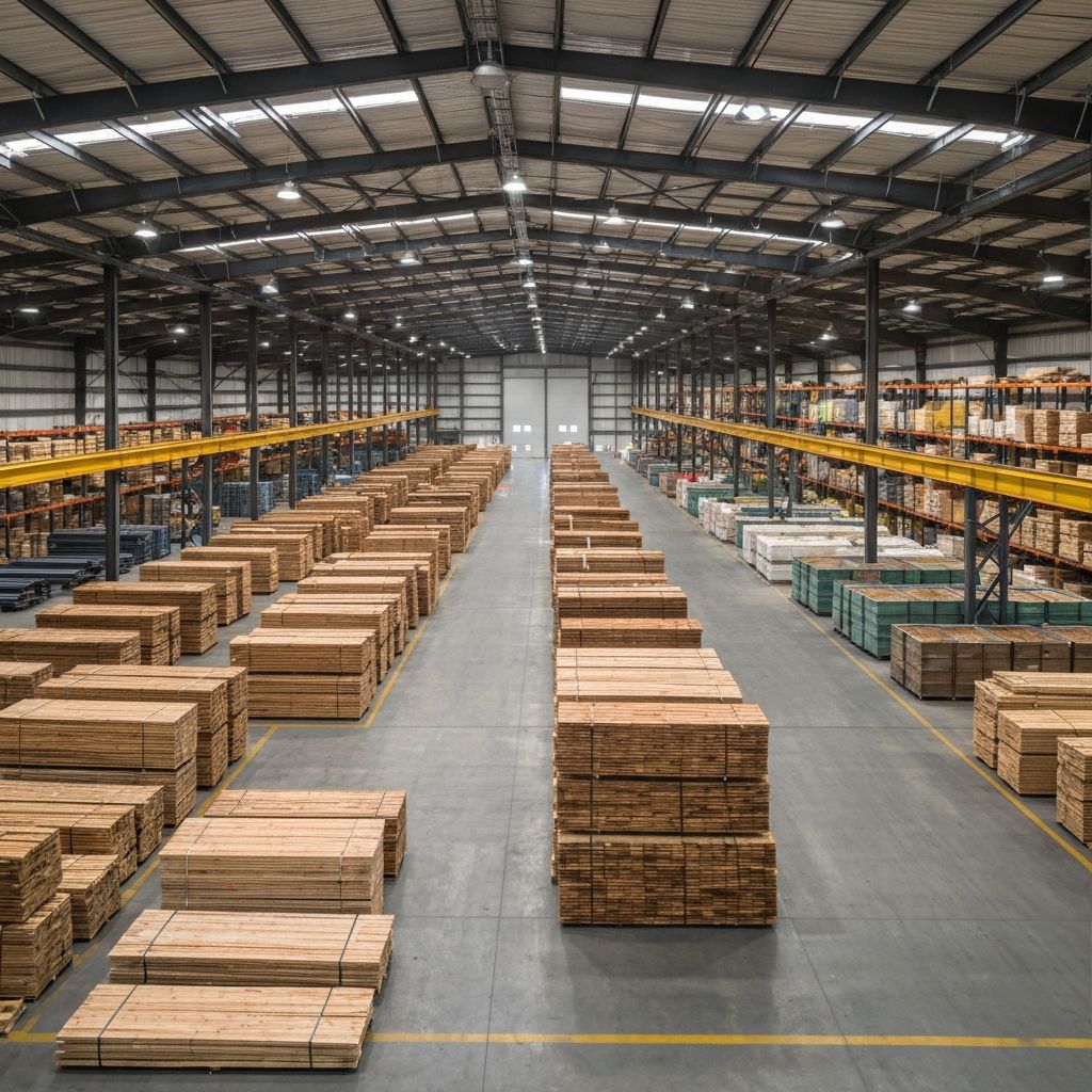 Commodities warehouse with steel, wood, and agricultural products